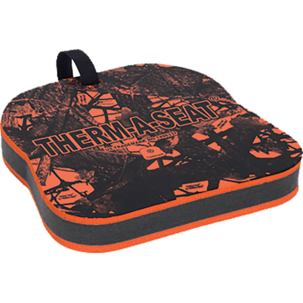 Therm-A-Seat Traditional Seat orange 1.5 inch hunting cushion with camouflage print and carry strap