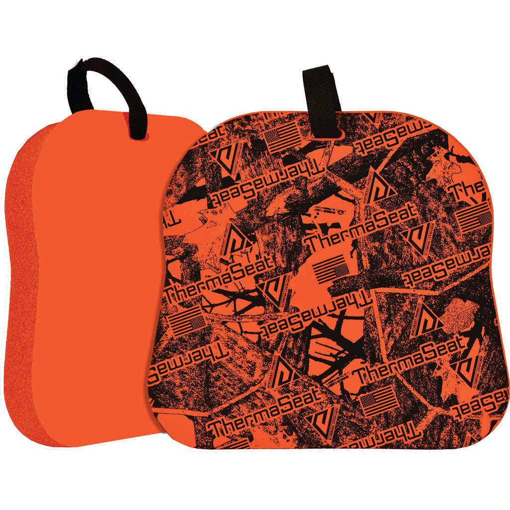 Therm-A-Seat Traditional Seat orange hunting cushion, solid underside and patterned top with carry strap